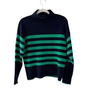 Tahari Striped Mock Neck Pullover Sweater Green Navy Blue Stylish Size Large